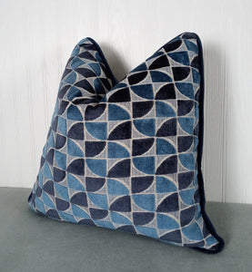 Blue Velvet Pillow Cover Dark and Medium Blues Geometric Cut Velvet FREE PIPING 18x18 20x20 22x22 24x24 MADE TO ORDER