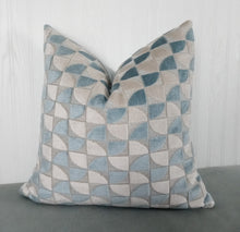 Load image into Gallery viewer, Light Blue Pillow Cover Geometric Cut Velvet FREE PIPING 18X18 20X20 22X22 24X24 MADE TO ORDER
