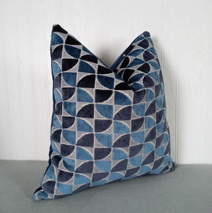 Blue Velvet Pillow Cover Dark and Medium Blues Geometric Cut Velvet FREE PIPING 18x18 20x20 22x22 24x24 MADE TO ORDER