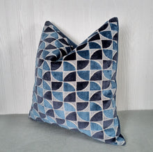 Load image into Gallery viewer, Blue Velvet Pillow Cover Dark and Medium Blues Geometric Cut Velvet FREE PIPING 18x18 20x20 22x22 24x24 MADE TO ORDER
