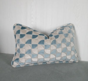 Geometric Pillow Cover Cut Velvet Blue and Ivory FREE PIPING 13x20 14x22 16x24 14x30 14x36 Lumbar MADE TO ORDER