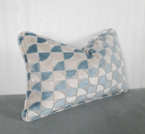 Geometric Pillow Cover Cut Velvet Blue and Ivory FREE PIPING 13x20 14x22 16x24 14x30 14x36 Lumbar MADE TO ORDER