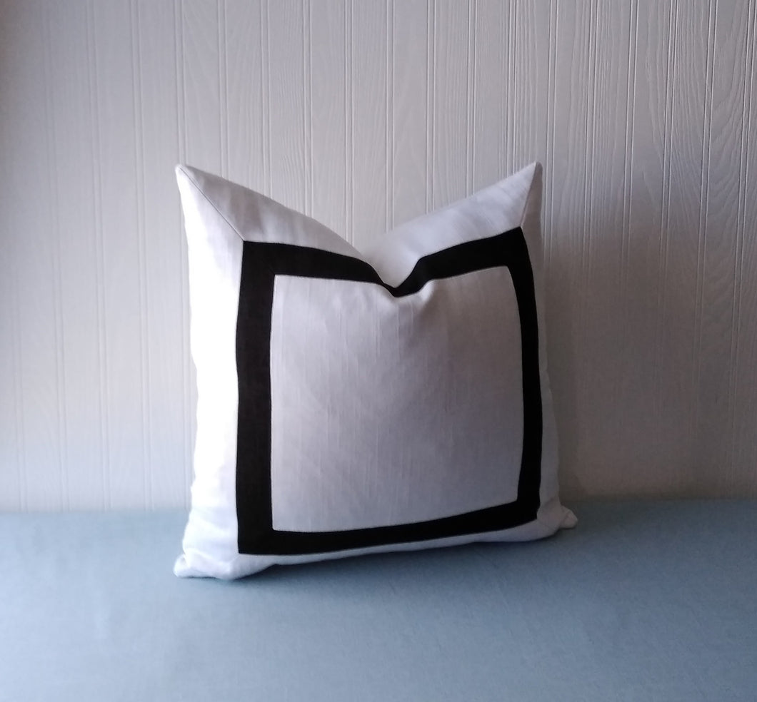 White Pillow Cover with Black Mitered Band 20x20 22x22 24x24 MADE TO ORDER