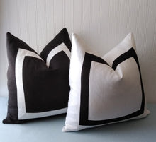 Load image into Gallery viewer, Black and White Pillow Cover with Mitered Band 18x18 20x20 22x22 24x24 26x26 MADE TO ORDER
