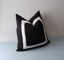 Load image into Gallery viewer, Black and White Pillow Cover with Mitered Band 18x18 20x20 22x22 24x24 26x26 MADE TO ORDER
