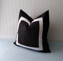 Load image into Gallery viewer, Black and White Pillow Cover with Mitered Band 18x18 20x20 22x22 24x24 26x26 MADE TO ORDER
