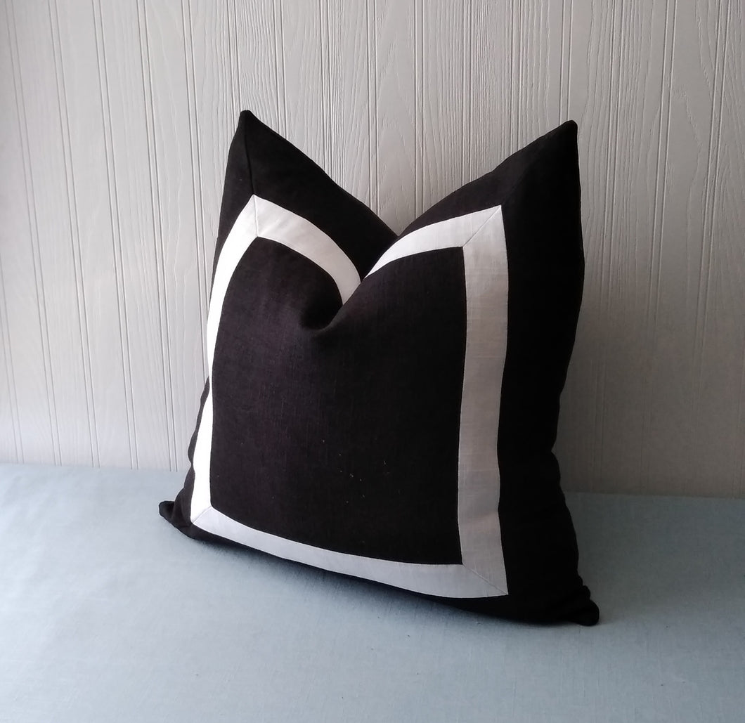 Black and White Pillow Cover with Mitered Band 18x18 20x20 22x22 24x24 26x26 MADE TO ORDER