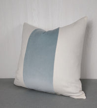 Load image into Gallery viewer, Blue Pillow Cover Velvet Color Block Tri Panel White or Ivory Panels 18x18 20x20 22x22 13x20 14x22
