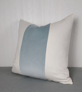 Blue Pillow Cover Velvet Color Block Tri Panel White or Ivory Panels 18x18 20x20 22x22 13x20 14x22