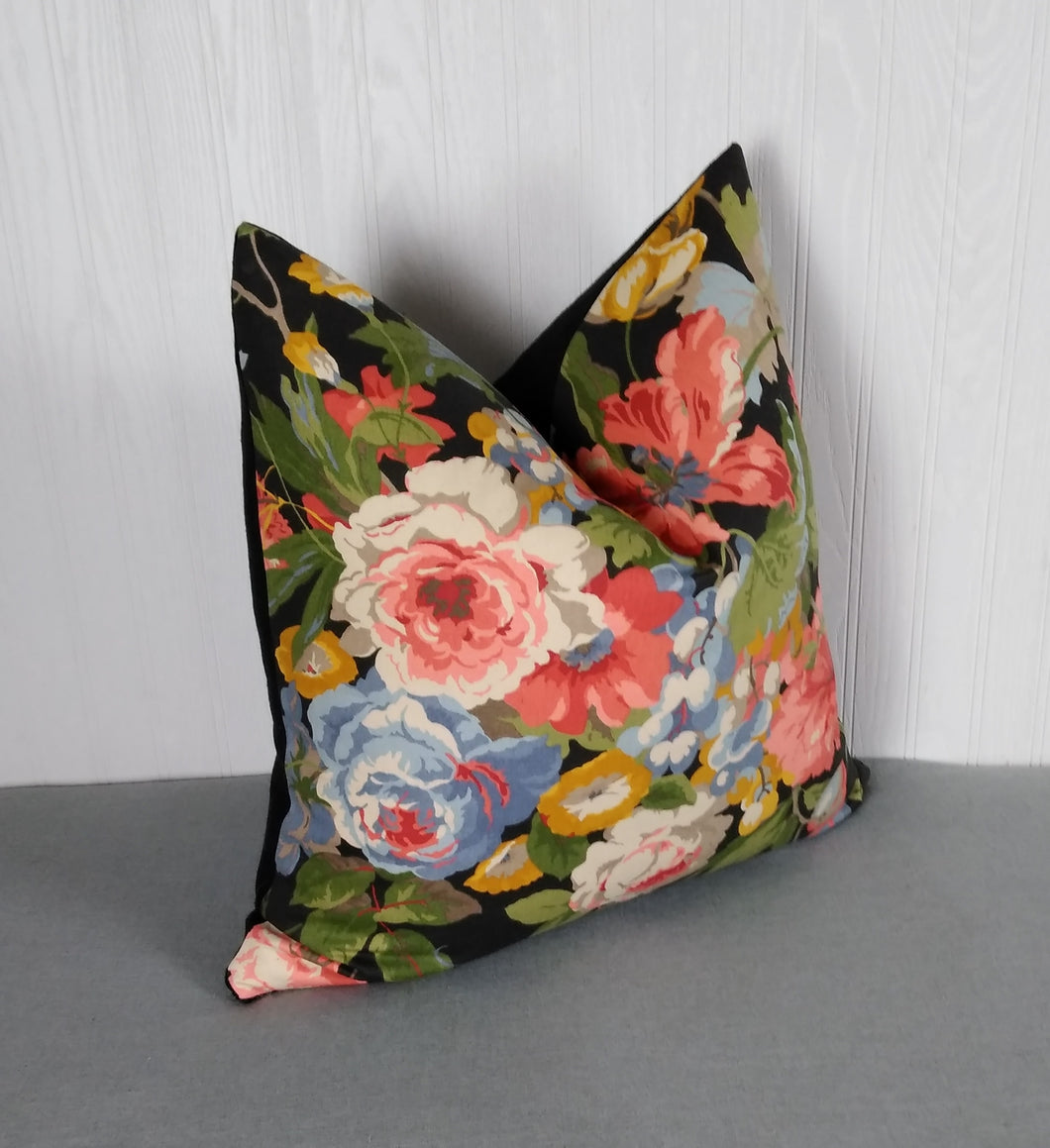 Black-Floral-Pillow-Cover-Coral-Blues-Greens-FREE-PIPING-18X18-20X20-22X22-24X24 ON SALE!