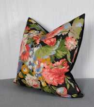 Load image into Gallery viewer, Black-Floral-Pillow-Cover-Coral-Blues-Greens-FREE-PIPING-18X18-20X20-22X22-24X24 ON SALE!
