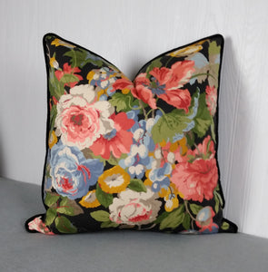 Black-Floral-Pillow-Cover-Coral-Blues-Greens-FREE-PIPING-18X18-20X20-22X22-24X24 ON SALE!