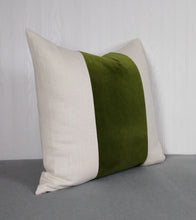 Load image into Gallery viewer, Olive Green Pillow Cover Tri Panel Color Block Ivory or White Side Panels 18x18 20x20 22x22 24x24
