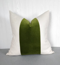 Load image into Gallery viewer, Olive Green Pillow Cover Tri Panel Color Block Ivory or White Side Panels 18x18 20x20 22x22 24x24
