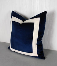 Load image into Gallery viewer, Black and Ivory Pillow Cover with Mitered Band Linen Rayon 18x18 20x20 22x22 24x24 26x26
