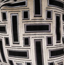 Load image into Gallery viewer, Black and Taupe Geometric Pillow Cover Cut Velvet FREE PIPING 13x20 Lumbar MADE TO ORDER
