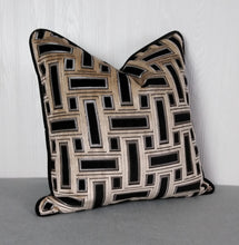 Load image into Gallery viewer, Black and Taupe Geometric Pillow Cover Cut Velvet FREE PIPING 13x20 Lumbar MADE TO ORDER
