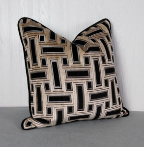 Black and Taupe Geometric Pillow Cover Cut Velvet FREE PIPING 13x20 Lumbar MADE TO ORDER