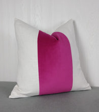 Load image into Gallery viewer, Fuchsia Pink Pillow Cover Tri-panel Color Block White or Ivory Panels 18x18 20x20 22x22 24x24 ON SALE!
