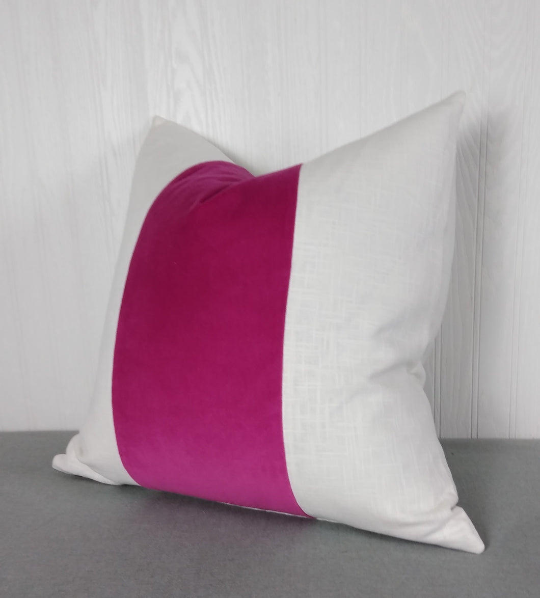 Fuchsia Pink Pillow Cover Tri-panel Color Block White or Ivory Panels 18x18 20x20 22x22 24x24 ON SALE!