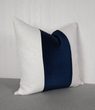 Load image into Gallery viewer, Navy Blue Pillow Cover Velvet with White or Ivory Linen Color Block Tri-Panel 18x18 20x20 22x22 24x24
