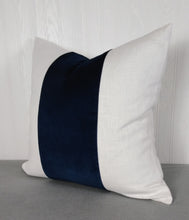 Load image into Gallery viewer, Navy Blue Pillow Cover Velvet with White or Ivory Linen Color Block Tri-Panel 18x18 20x20 22x22 24x24
