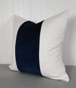 Navy Blue Pillow Cover Velvet with White or Ivory Linen Color Block Tri-Panel 18x18 20x20 22x22 24x24