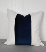 Load image into Gallery viewer, Navy Blue Pillow Cover Velvet with White or Ivory Linen Color Block Tri-Panel 18x18 20x20 22x22 24x24
