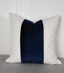 Navy Blue Pillow Cover Velvet with White or Ivory Linen Color Block Tri-Panel 18x18 20x20 22x22 24x24