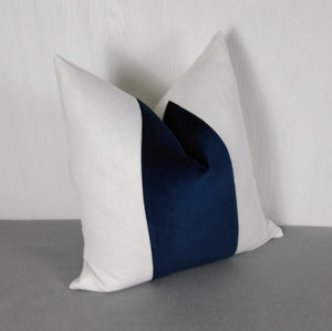 Navy Blue Pillow Cover Velvet with White or Ivory Linen Color Block Tri-Panel 18x18 20x20 22x22 24x24