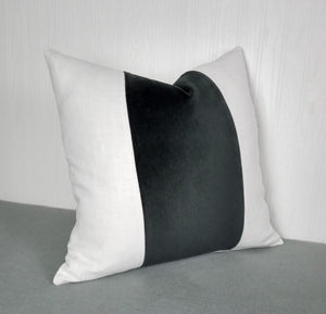 Black Pillow Cover with White or Ivory Color Block Tri-Panel 18x18 20x20 22x22 24x24