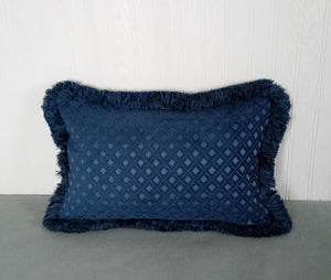 Blue Pillow Cover Medium Dark Blue Patterned Chenille with Fringe 13x20