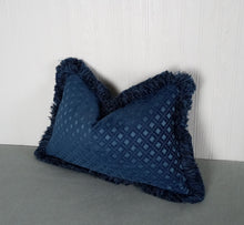 Load image into Gallery viewer, Blue Pillow Cover Medium Dark Blue Patterned Chenille with Fringe 13x20
