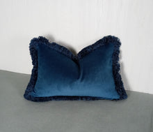 Load image into Gallery viewer, Blue Pillow Cover Medium Dark Blue Patterned Chenille with Fringe 13x20
