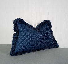 Load image into Gallery viewer, Blue Pillow Cover Medium Dark Blue Patterned Chenille with Fringe 13x20
