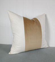 Load image into Gallery viewer, Camel Pillow Cover Tri Panel Color Block with White or Ivory Side Panels 18x18 20x20
