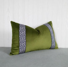 Load image into Gallery viewer, Olive Green Pillow Cover with Navy and White Greek Key Trim FREE PIPING 13x20 14x22 14x30 14x36 Made To Order
