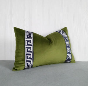 Olive Green Pillow Cover with Navy and White Greek Key Trim FREE PIPING 13x20 14x22 14x30 14x36 Made To Order