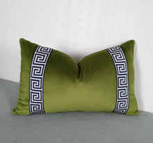 Load image into Gallery viewer, Olive Green Pillow Cover with Navy and White Greek Key Trim FREE PIPING 13x20 14x22 14x30 14x36 Made To Order
