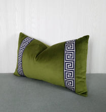 Load image into Gallery viewer, Olive Green Pillow Cover with Navy and White Greek Key Trim FREE PIPING 13x20 14x22 14x30 14x36 Made To Order
