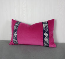 Load image into Gallery viewer, Pink Velvet Pillow Cover Fuchsia with Navy Blue Greek Key FREE PIPING 13X20 MADE TO ORDER
