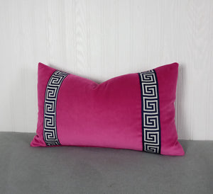 Pink Velvet Pillow Cover Fuchsia with Navy Blue Greek Key FREE PIPING 13X20 MADE TO ORDER