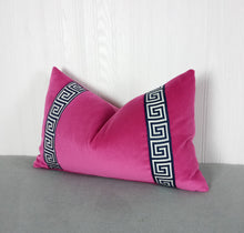 Load image into Gallery viewer, Pink Velvet Pillow Cover Fuchsia with Navy Blue Greek Key FREE PIPING 13X20 MADE TO ORDER
