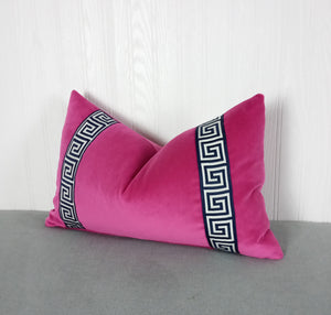 Pink Velvet Pillow Cover Fuchsia with Navy Blue Greek Key FREE PIPING 13X20 MADE TO ORDER