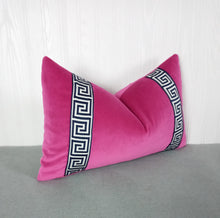 Load image into Gallery viewer, Pink Velvet Pillow Cover Fuchsia with Navy Blue Greek Key FREE PIPING 13X20 MADE TO ORDER
