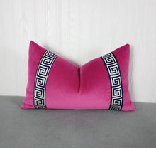 Load image into Gallery viewer, Pink Velvet Pillow Cover Fuchsia with Navy Blue Greek Key FREE PIPING 13X20 MADE TO ORDER
