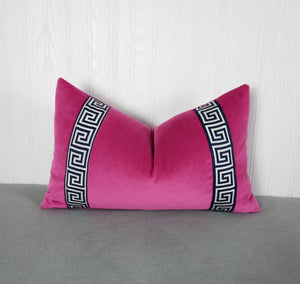 Pink Velvet Pillow Cover Fuchsia with Navy Blue Greek Key FREE PIPING 13X20 MADE TO ORDER