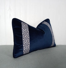 Load image into Gallery viewer, Navy Blue Pillow Cover with Greek Key Trim FREE PIPING 13X20 14X22 14X30 14X36
