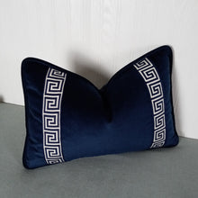 Load image into Gallery viewer, Navy Blue Pillow Cover with Greek Key Trim FREE PIPING 13X20 14X22 14X30 14X36
