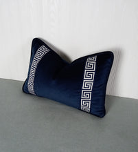 Load image into Gallery viewer, Navy Blue Pillow Cover with Greek Key Trim FREE PIPING 13X20 14X22 14X30 14X36
